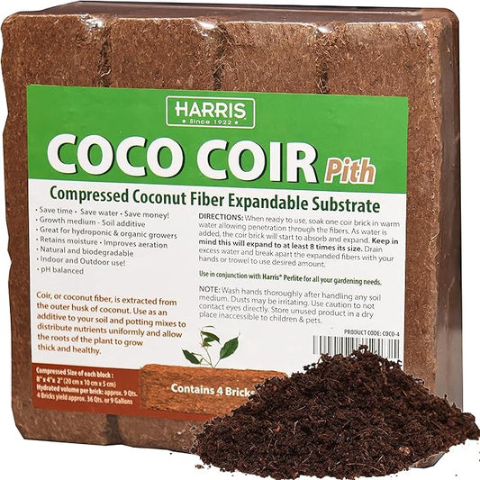 Harris Coco Coir Pith, 4 Bricks Expand to 9 Gallons of Coconut Coir to Promote Healthy Root Growth