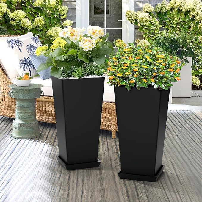 Set of 2 Large Tall Planter for Indoor or Outdoor 24" Tall Flower Pots Tapered Tall Planters with Tray for Porch, Patio, Backyard, Large Planters for Outdoor Indoor Plants(Black)