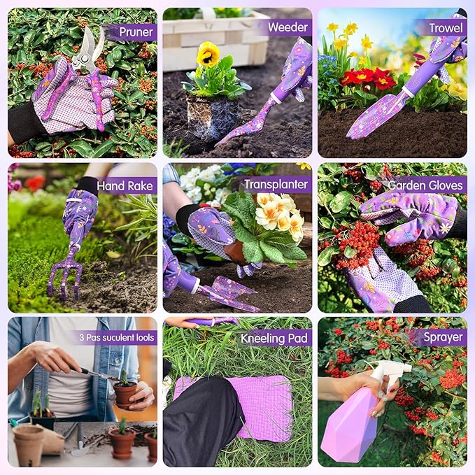 Gardening Gifts for Women, Gardening Tools for Women, 14 PCS Garden Tools Set Kit with Garden Tool Bag, Plant Lover Gifts Birthday Gifts for Mom Grandma Aunt (Purple)
