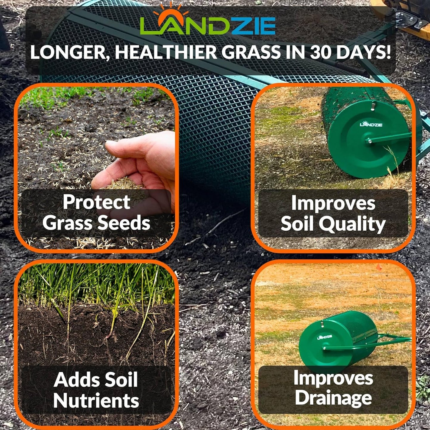 LANDZIE Lawn & Garden Spreaders - 44 Inch Heavy Duty Metal Mesh Basket Push/Tow Spreader - Compost, Peat Moss, Top Soil, Mulch - Durable Lightweight Multi-Purpose Yard Care Equipment - Manure Spreader