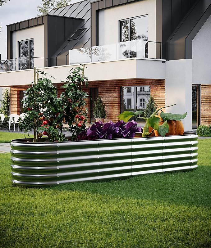 Large Raised Garden Bed Galvanized Metal Round Raised Garden Bed Outdoor for Gardening Raised Garden Bed Kit，8x2x1FT for Vegetables Flowers Ground Planter Box