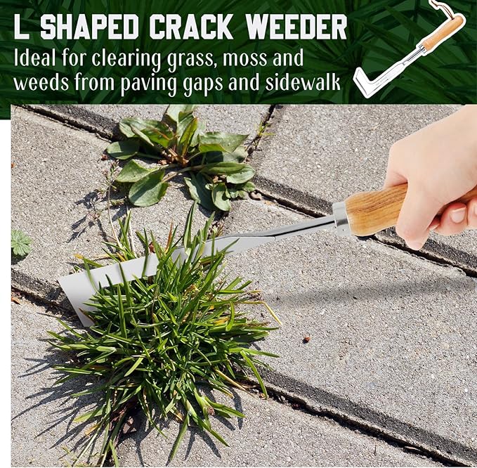 Yungyan 5 Pcs Weed Puller Set Include Dandelion Fork Weeding Knife Tool Hand Trowel 5 Teeth Weeding Tool L Shape Gardening Crack Sickle Tool Hoe for Garden Lawn Grass Moss Removal Backyard