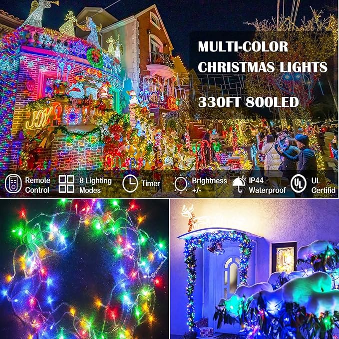 Christmas Lights Outdoor, 800LED 330FT Multicolor String Lights 8 Modes Timer Plug in Waterproof Indoor Outdoor Christmas Lights for Christmas Wedding Garden Yard Party Tree Decoration