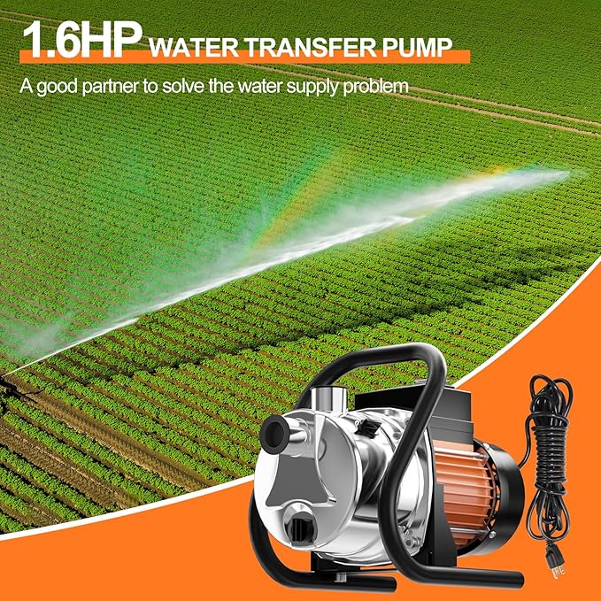 1.6 HP Portable Water Transfer Pump 1800 GPH Shallow Well Pump Garden Booster Sprinkler Pumps for Irrigation Lawn Farm Water Removal with Adapters, Orange