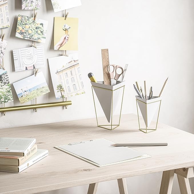 Umbra - 1004372-524 Trigg Desktop Planter Vase & Geometric Container-for Succulent, Air, Mini Cactus, Faux Plants and More, Desk, White/Brass