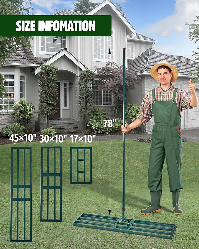 Lawn Leveling Rake,Stainless Steel Lawn Leveler with 45”x10” Ground Plate, 78” Adjustable Long Handle, Heavy Duty Large Level Lawn Tool for Grass, Golf Field, Level Soil or Dirt Ground Surfaces-Green