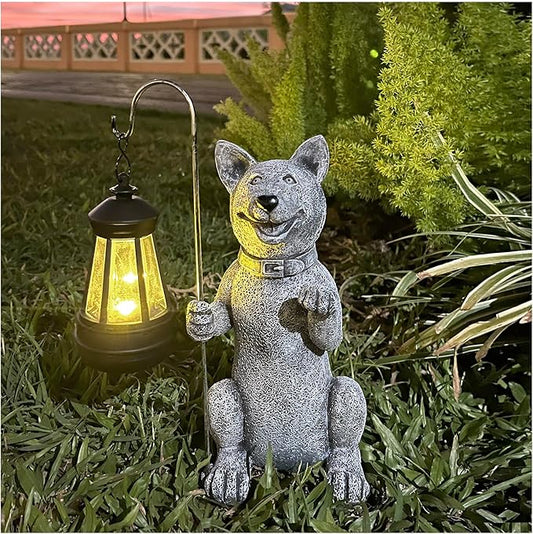 lightsfever Dog Statue with Solar Lantern, Outdoor Statues for Home Garden Balcony Decor, Solar-Powered LED Lights for Outdoor Patio Yard Lawn Decorations, Unique Gifts for Men, Moms, Grandma