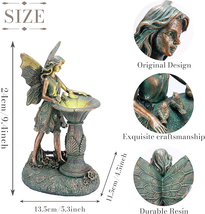TERESA'S COLLECTIONS Fairy Garden Statues with Solar Outdoor Light for Outdoor Decor, Bronze Fairy Resin Garden Sculptures & Statues for Garden Decor, Yard Art for Lawn Housewarming Gifts for Mom 9.4"