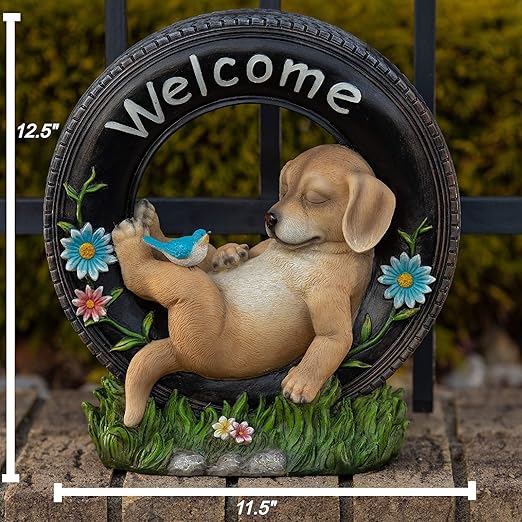 VP Home Chillaxing Welcome Puppy Dog Solar Powered LED Outdoor Decor Garden Light Outdoor Decor Garden Light Welcome Chillax Puppy Statues Outdoor Funny Figurine Decor for Outside Patio, Yard, Lawn