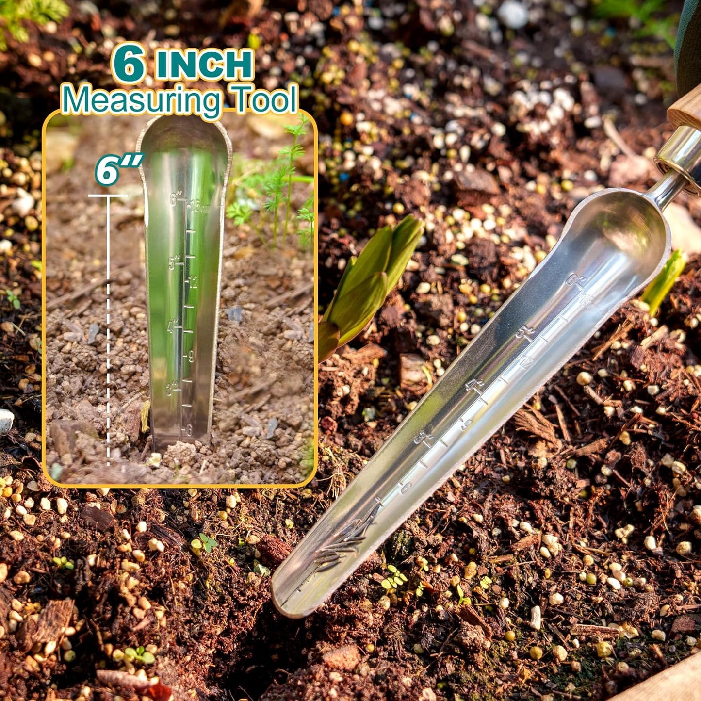 Berry&Bird Seeding Widger,Stainless Steel Seed Dibber Tool with Measuring Scale,Wooden Handle Garden Bulb Trowel for Seed Planting Tool Hand Shovel Planter Transplanter Dibber Soil Digginng