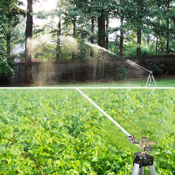 YAMATIC Impact Sprinkler on Adjustable Tripod Base, 360 Degree Large Area, Heavy Duty Adjustable Pulsator Sprinkler for Lawn, Yard and Grass Irrigation, Spray up to 20-90ft(Brass Head)