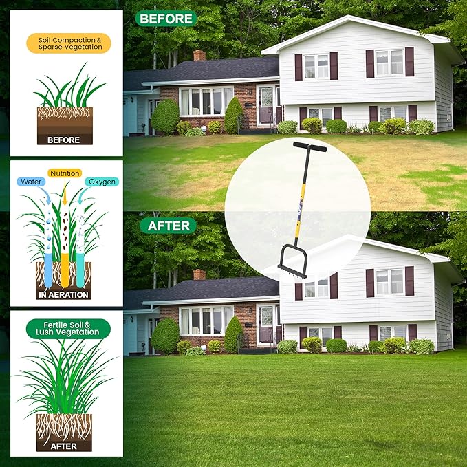 Adjustable Lawn Aerator Spike Tool with Wide Foot Plate, 6 Enlarged 6mm Spikes Manual Yard Grass Aerator Gardening Tool for Lawn Care Courtyards, 38''