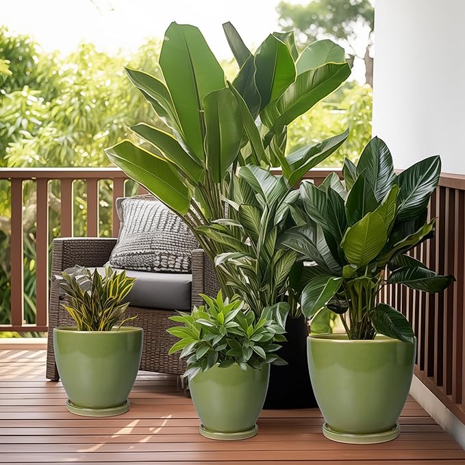 8 Inch Planter - Ceramic Plant Pot with Drainage Hole and Tray Round Planters Modern Flower Pot for Room Home Office Patio Porch Garden Decor Green