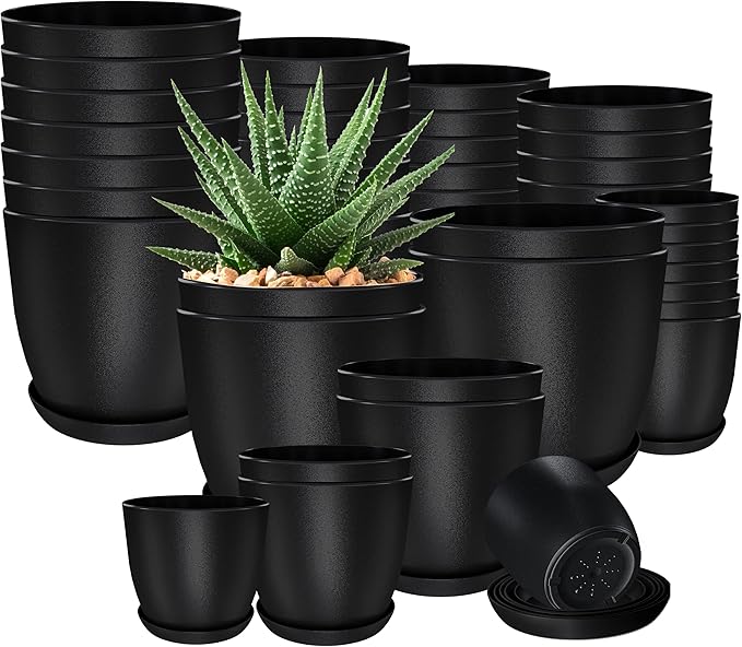 Utopia Home - Plant Pots Indoor with Drainage - 7/6.6/6/5.3/4.8 Inches Home Decor Flower Pots for Indoor Planter - Pack of 40 Plastic Planters for Indoor Plants, Cactus, Succulents Pot - Black