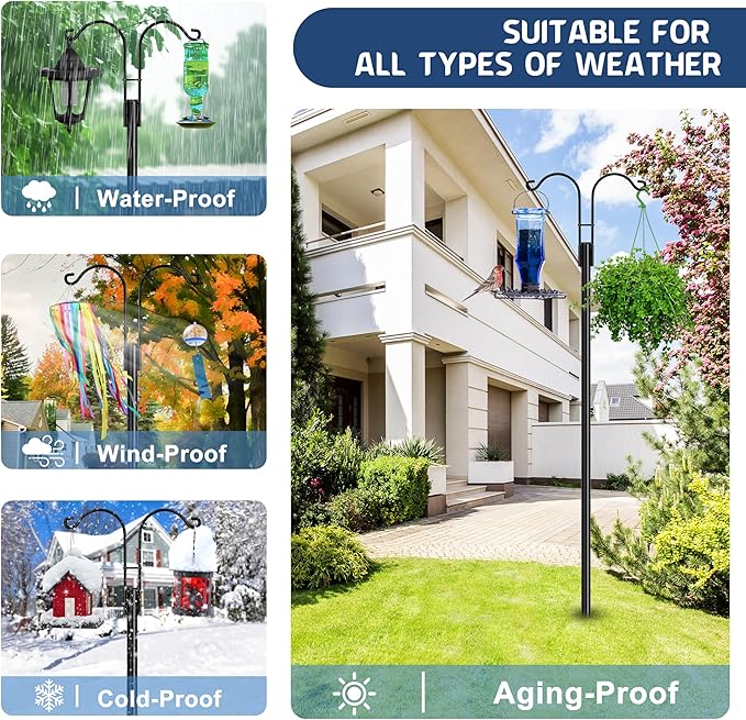 Ottsuls Bird Feeder Pole, 2 Pack 108 INCH Double Shepherds Hooks for Outdoor, Garden Pole with 5 Base Prongs Heavy Duty Planter Hooks for Hanging Plant Baskets, Lantern, Hummingbird Feeder