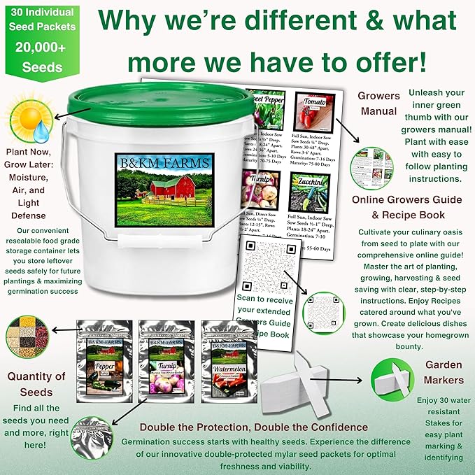 B&KM Farms 20,000+ Survival Seed Kit 5+ Year Supply. 30 Fruit & Vegetable Non-GMO Heirloom Seeds for Planting a Home Garden. Secure Emergency Weather-Proof Bucket