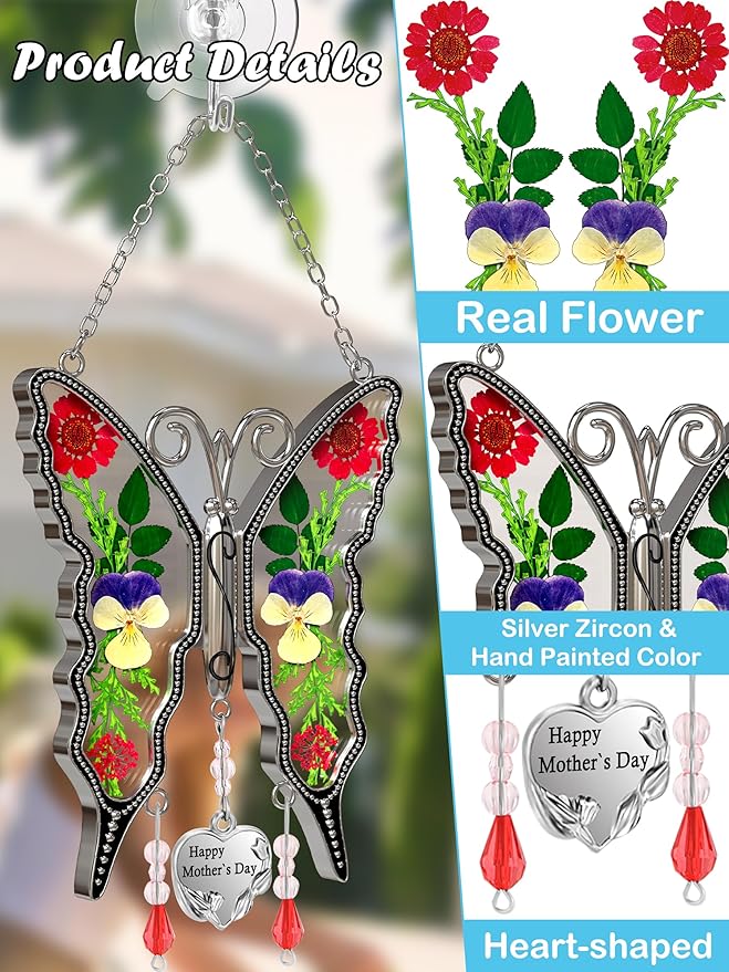 KY&BOSAM Butterfly Suncatcher Gifts for Mom Happy Mother`s Day Stained Glass for Windows Hangings Wind Chimes Ornament with Pressed Flower Butterfly Wings Embedded in Glass Mother`s Day Mom Gifts