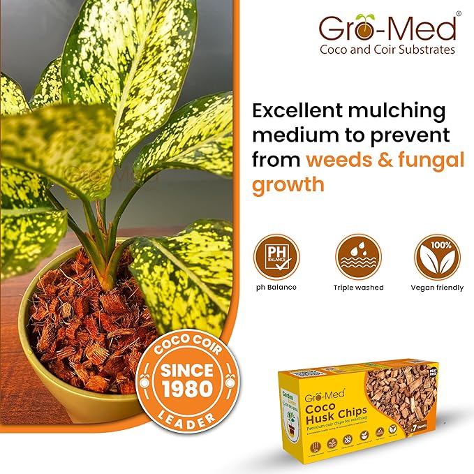 Gro-Med Coco Husk Chips Brick 1.1lb Expands Upto 7 Quarts Coconut Coir Chip, Best Mulching Medium for Plants Gardening, Potting Soil Mix, Orchid Bark Alternative - OMRI Certified, Low EC, Balanced pH