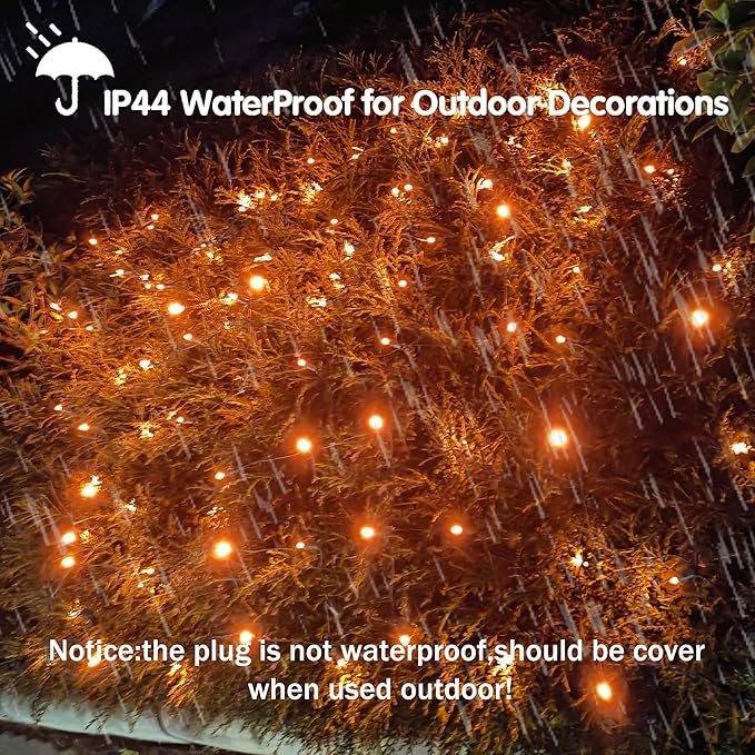 HISHINY Halloween Lights Outdoor,100LED 5ftx5ft Orange Net Lights with Connectable, Waterproof,UL Certified and Durable Green Wire Design for Bushes,Shrubs,Halloween Decorations Outdoor
