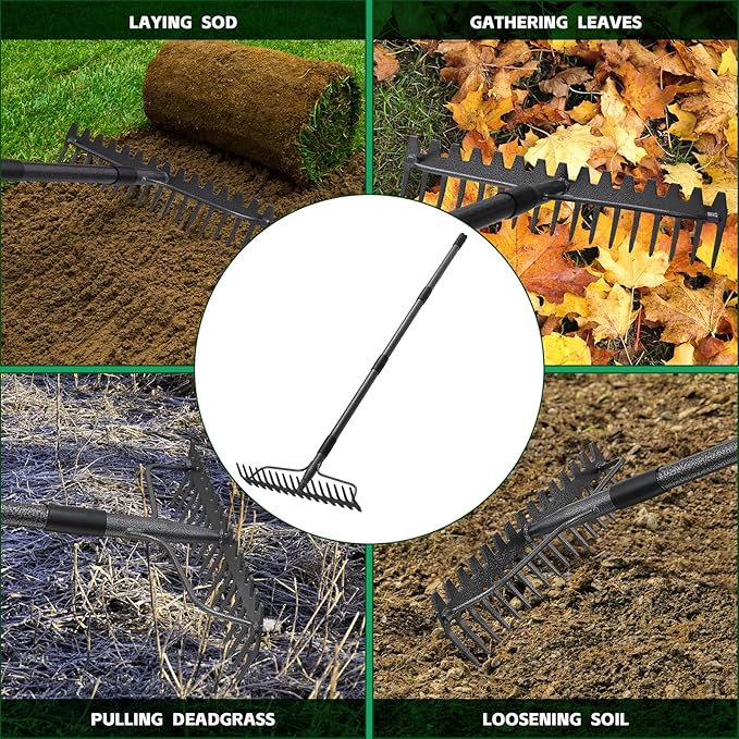 49'' Bow Rake ，17 Tines Metal Head Rake with Stainless Steel Handle，Heavy Duty Garden Rake for Loosening Soil Gathering Leaf Leveling Lawn Farming Land Management Yarn Thatch Rake