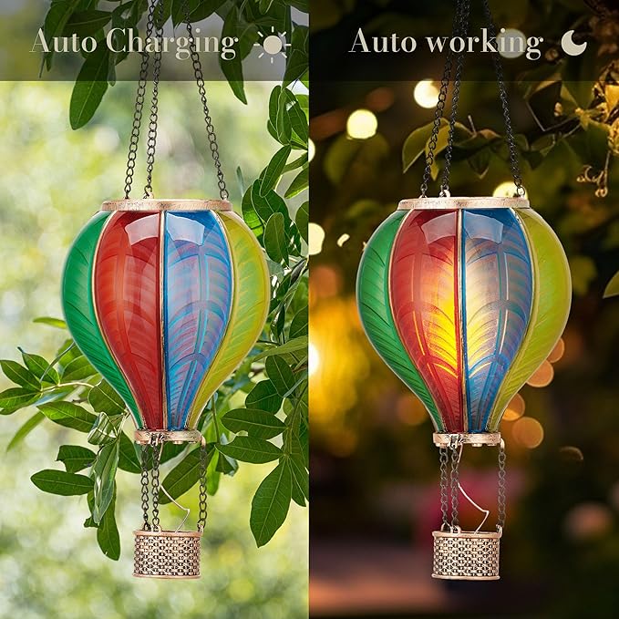 TERESA'S COLLECTIONS Hot Air Balloon Solar Lantern for Garden Decor ,Flickering Flame Hanging Solar Light for Outdoor ,Colorful Plastic Lamp for Yard Tree Gift for Mom