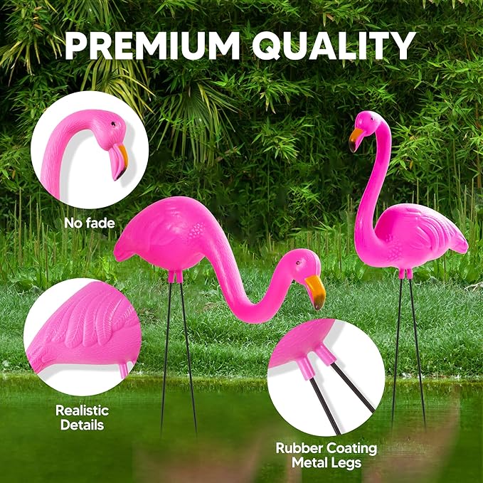 JOYIN Set of 2 Small Pink Flamingo Yard Ornament Stakes Mini Lawn Plastic Flamingo Statue with Metal Legs for Sidewalks, Outdoor Garden Decoration, Luau Party, Beach, Tropical Party Decor, 2 Styles