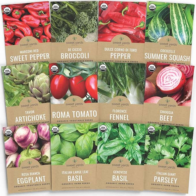 Organic Italian Garden Seeds Variety Pack - 12 Individual Packs - 2025 Season - Genovese Basil, Italian Giant Parsley, Chioggia Beet & More! for Indoor & Outdoor Planting (Non-GMO, Certified Organic)