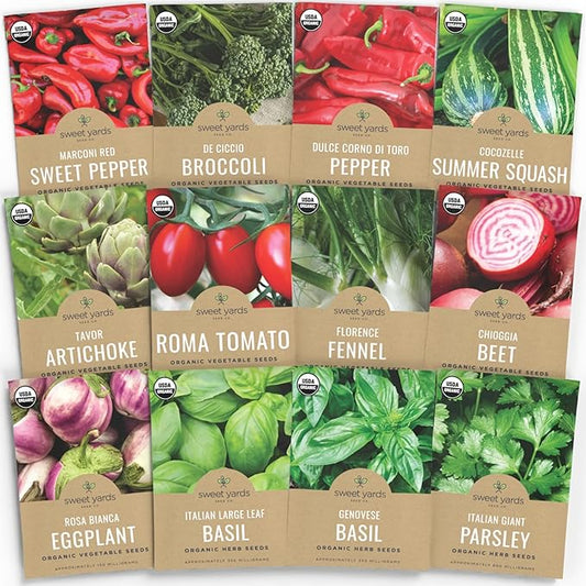 Organic Italian Garden Seeds Variety Pack - 12 Individual Packs - 2025 Season - Genovese Basil, Italian Giant Parsley, Chioggia Beet & More! for Indoor & Outdoor Planting (Non-GMO, Certified Organic)