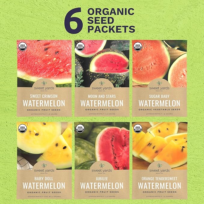 Organic Watermelon Seeds Variety Pack - 6 Individual Packs - 2025 Season - Sugar Baby, Orange Tendersweet, Jubilee and More! for Indoor & Outdoor Planting (Non-GMO, Certified Organic)