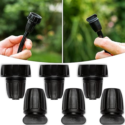 Carpathen Drip Irrigation Parts 5/16-6 Pack: 3 x PVC Female Hose Thread Non-Swivel Adapter to 5/16" tubing and 3 x Barbed Threaded End Plugs - Drip Irrigation Fittings