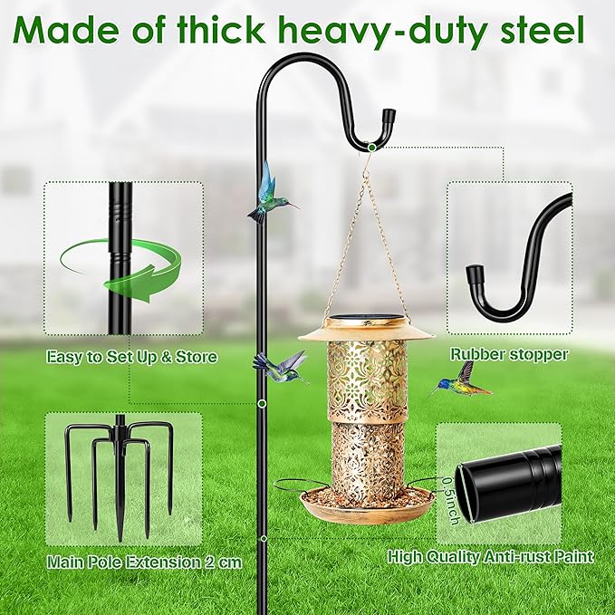 XDW-GIFTS Bird Feeder Pole for Outdoor, 2-Pack 60 Inch Shepherds Hooks Heavy Duty Garden Pole for Hanging Plant Basket, Solar Light Lanterns, Garden Plant Hanger Stands with 5 Base Prongs