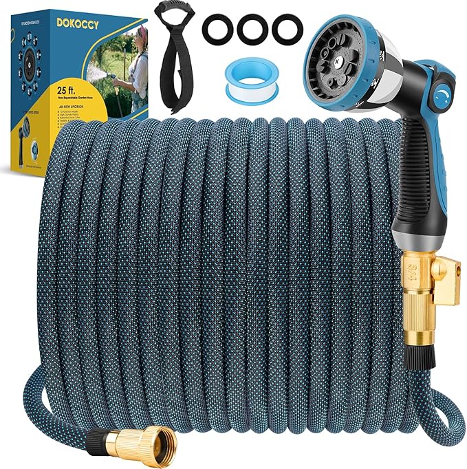 Non-Expanding Garden Hose 25 ft, Flexible Kink Free Water Hose with 10 Watering Spray Nozzle, Lightweight Hose Pipe, Leak-Proof, Durable, 3/4" Brass Alloy Connector, Portable Storage Strap