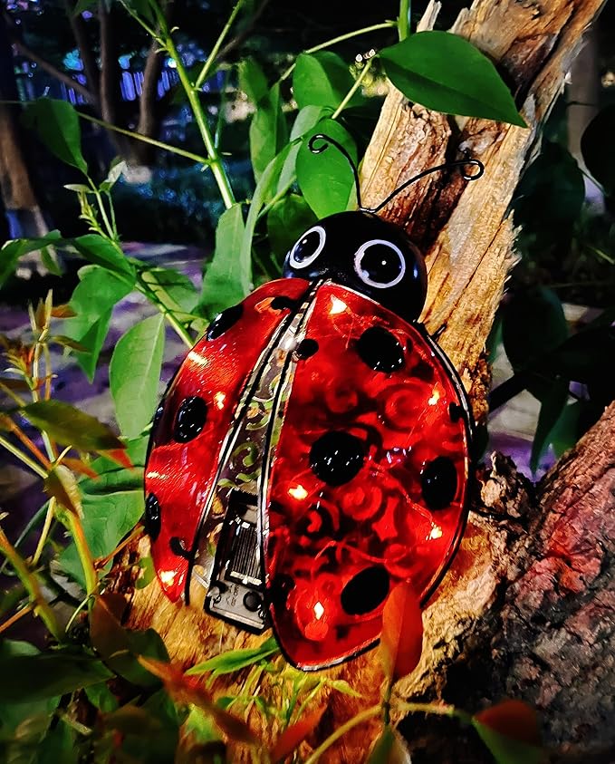 Solar Ladybug Outdoor Garden Statue,Hanging Waterproof LED Solar Lights Outdoor Decor,Metal Ladybug Ornament,Lantern Indoor Figurines for Patio Garden Table Decor for Ourdoor