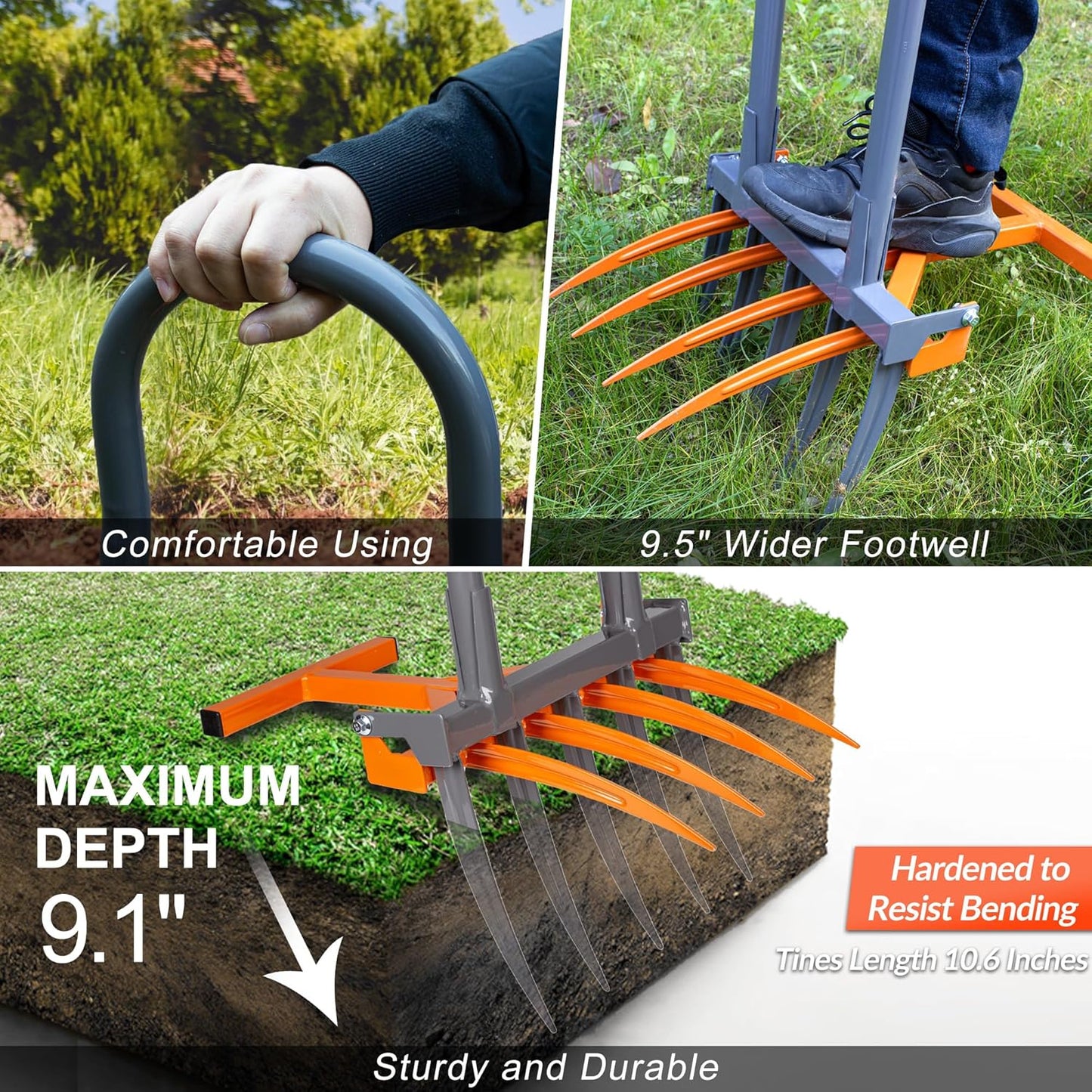 Walensee Broad Fork Garden Tool, 9 Tines Heavy Duty Broadfork Hand Tiller, 2-in-1 Garden Pitchfork with Ergonomic U-Shaped Handle, Spading Digging Fork for Gardening, Cultivating