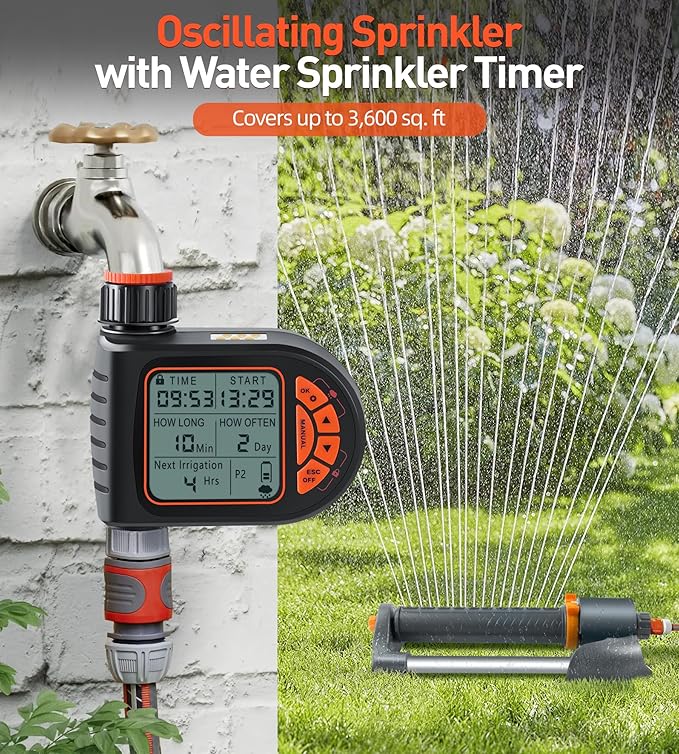 Oscillating Sprinkler with Irrigation Timer, Adjustable Sprinklers for Yard Large Area, Cover up to 3,600 sq. ft, Programmable Water Sprinkler Timer, Rain Delay Lawn & Garden Sprinklers Timer