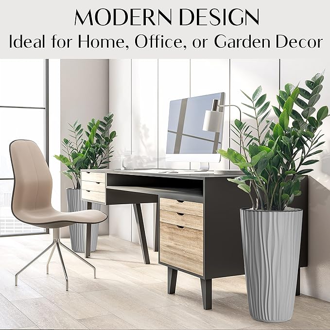 Mueller M-Resin Heavy Duty Tall Planter, Indoor/Outdoor Grande Plant, Tree, Flower Pot, 2-Piece Set, 24”, Modern Design, Built-in Drainage, Light Grey