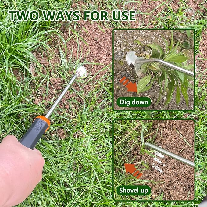 Weed Puller Tool, Weeding Artifact Uprooting Weeding Tool with Rubber Handle, Weeding Tools Gardening of 4 Teeth Manganese Stainless Steel, Weed Remover Tool with Gloves for Yard and Farm (Sliver)