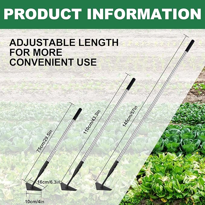 Triangle Garden Hoe, Carbon Steel Weed Remover Edger Lawn Tool with 57.5 Inches Stainless Steel Long Handle, Weed Puller Long Handle Hoe for Digging Weeding Hoeing Loosing Soil