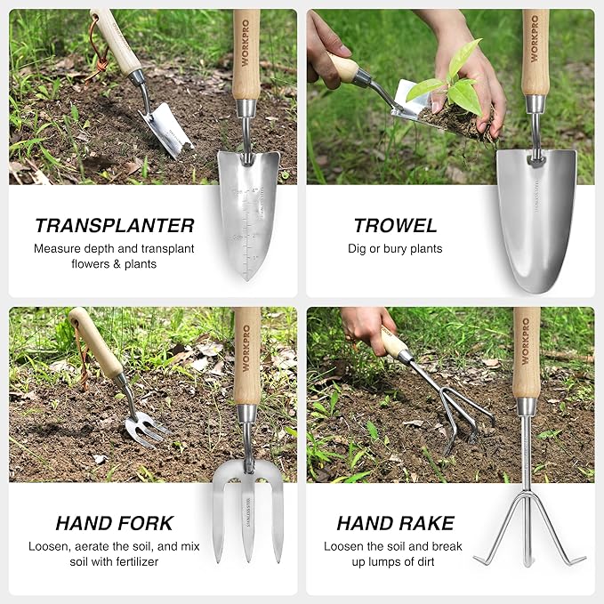 WORKPRO 8-Piece Pink Garden Tool Set, Stainless Steel Gardening Tools with Wood Handle, Including Garden Tote, Gloves, Trowel, Hand Weeder, Cultivator and More, Gardening Gifts For Women - Pink Ribbon