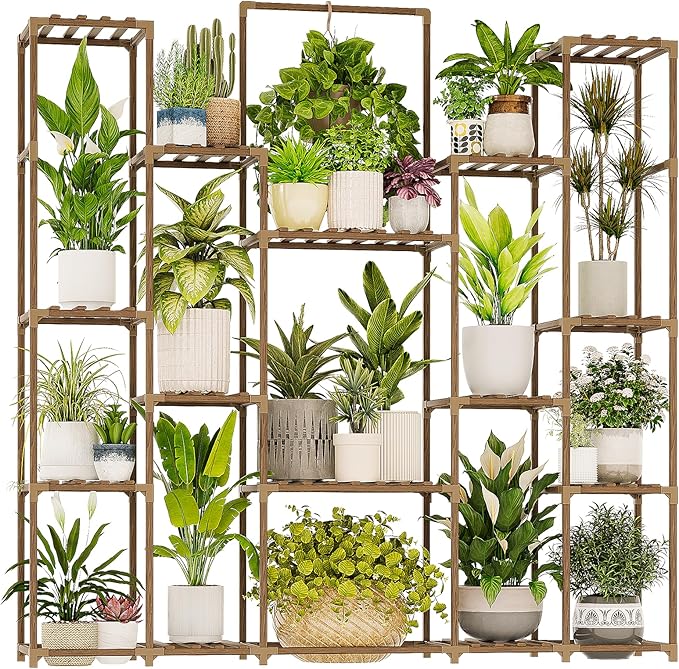 Bamworld Large Plant Shelf Plant Stand Indoor Hanging Tall Outdoor Plant Holder Wood for Multiple Plants Plant Rack for Living Room Garden Balcony Flower 17 Pots Wide