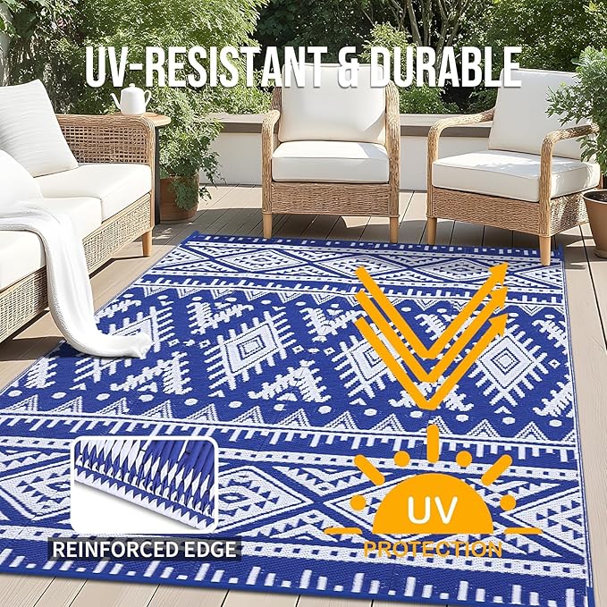 OLANLY Outdoor Rug Waterproof 9x12 ft, Reversible Outdoor Plastic Straw Rug, Boho Patio Rug, Indoor Outdoor Carpet, RV Mat Outside for Patio, Camp, Picnic, Balcony, Deck, Backyard, Blue & White