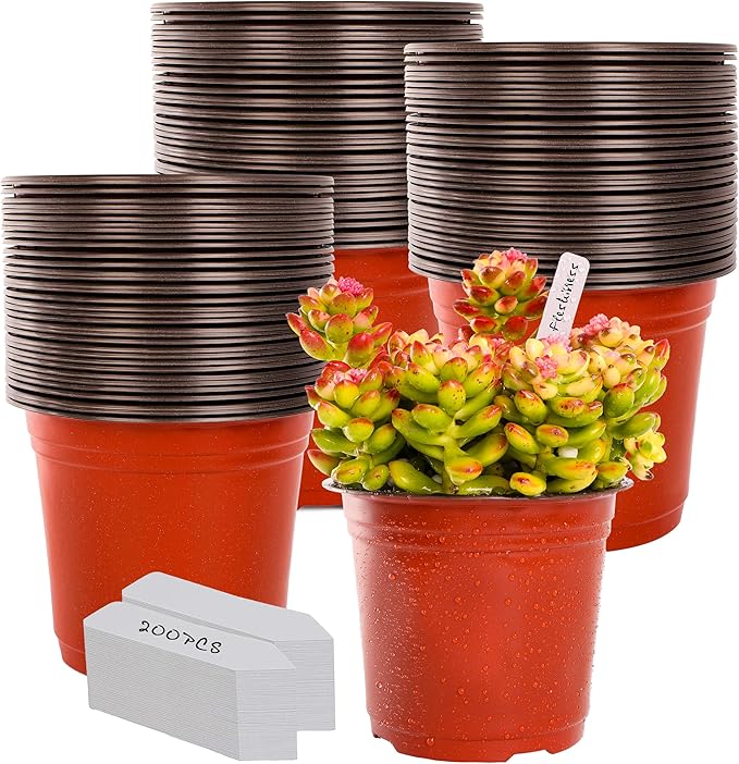 TDHDIKE 6 Inch Plastic Plant Nursery Pot/Pots (200pcs Pots and 200pcs Plant Labels) Seedlings Flower Plant Container (Red) Seed Starting Pots Indoor Outdoor