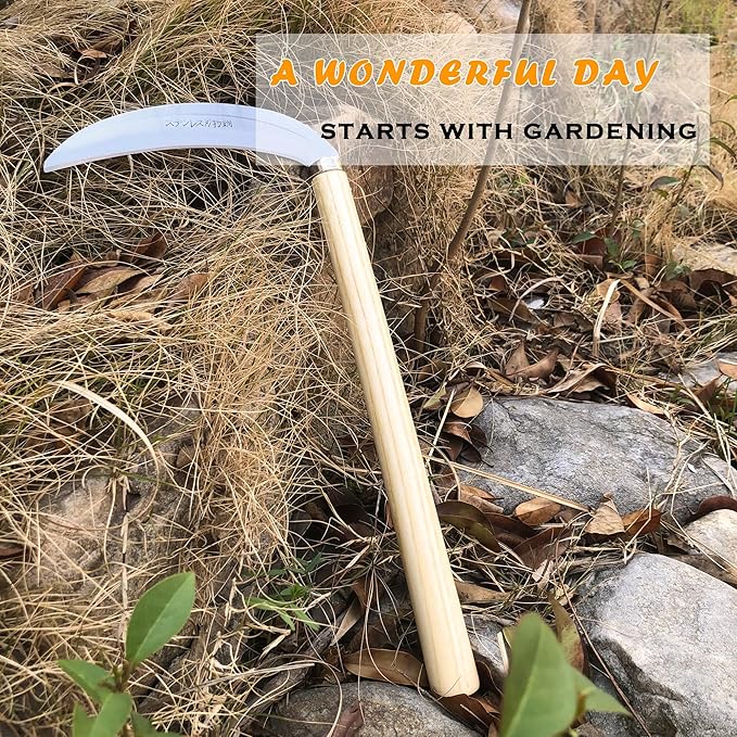 SHANFEEK Grass Sickle Japanese Weeding Hoe Garden Hand Tool Weeding Tools for Garden High-Strength Steel with Solid Wood Handle (Beige)