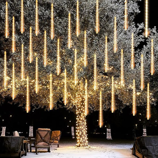 Dazzle Bright Christmas Lights Outdoor, 288LED Meteor Shower Rain Lights 12 Inch 8 Tubes, Waterproof Plug in Falling Icicle Lights Christmas Decorations for Xmas Tree Yard House Decor (Warm White)