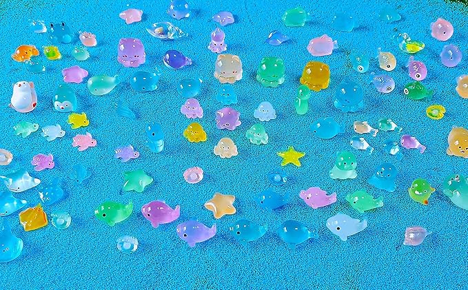 Luminous Ocean Mini Resin Animals Figures, 100 Pcs Glow in The Dark Tiny Plastic Animals Sea Creatures Miniature Figurines to Hide