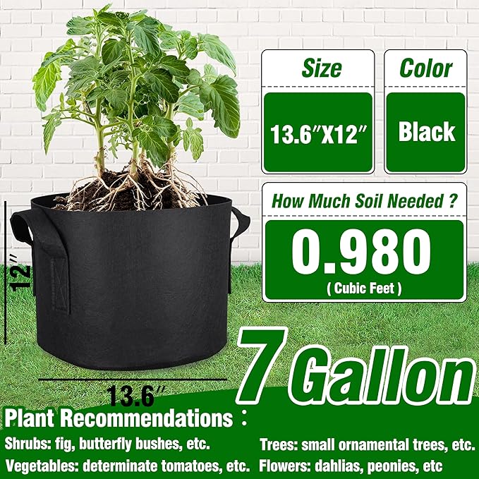 PHYEX 12-Pack 7 Gallon Grow Bags, Thickened 300G Nonwoven Fabric Pots with Reinforced Handles, Planting Bags for Healthy Root Growth, Vegetables, and Flowers, Come with 12 Pcs Plant Labels