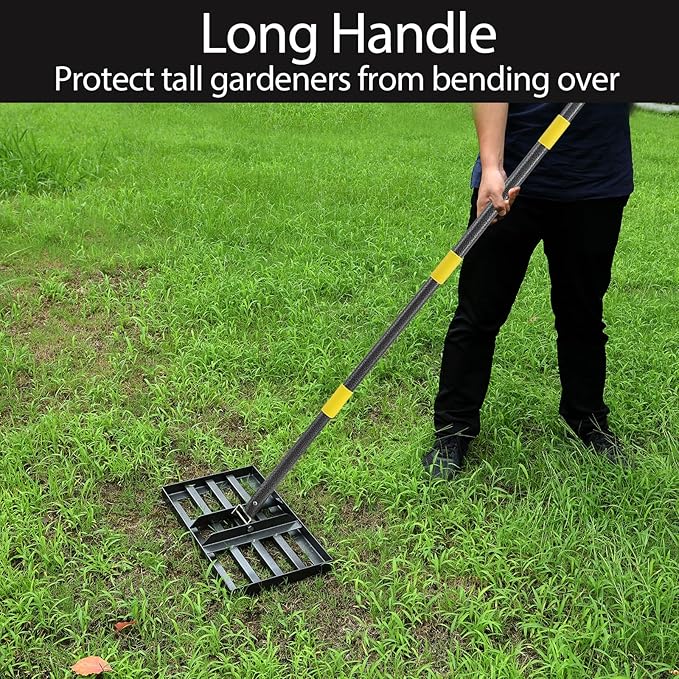 Lawn Leveling Rake, Heavy Duty Levelawn Tool for Garden Level Soil or Dirt Ground Surfaces Easily, 17” x 10” Ground Plate, Steel Handle Length is 60 inch