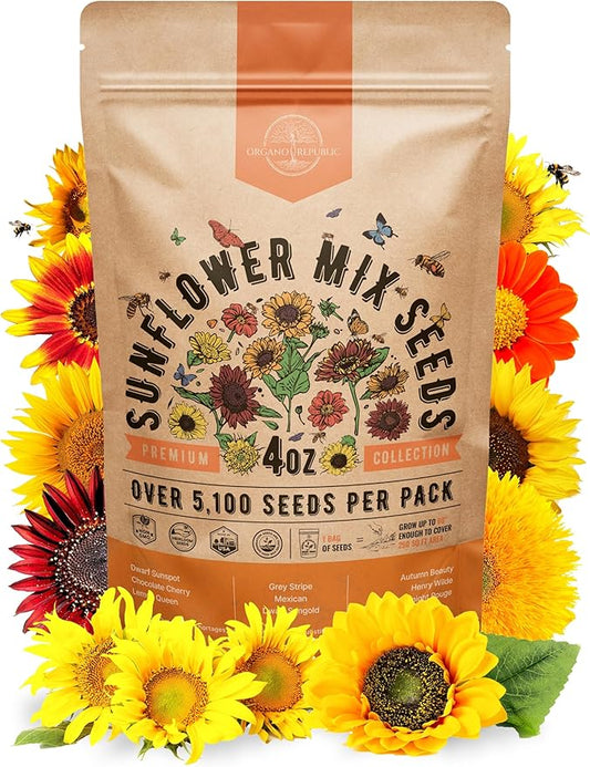 Sunflower Mix Seeds Pack 4 oz - Over 5,100 Non-GMO Heirloom Sunflower Seeds for Planting, Annual Flowers in Individual Seed Packet, Sunflower Seeds for Planting Home Garden Indoor & Outdoor Gardening