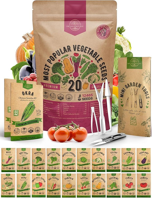 20 Vegetable Seeds Variety Pack - 12,460+ Non-GMO Heirloom Seeds for Planting Vegetables and Fruits in Individual Seed Packets, Home Garden Seeds for Hydroponic, Indoor and Outdoors Gardening