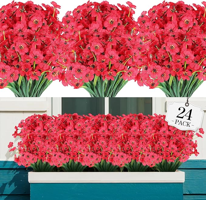 24 Bundles Artificial Flowers for Outdoor,No Fade Fake Plastic Flowers Faux Plants for Decoration Hanging Planters Indoor Outside Garden Porch Window Box Home Wedding Farmhouse